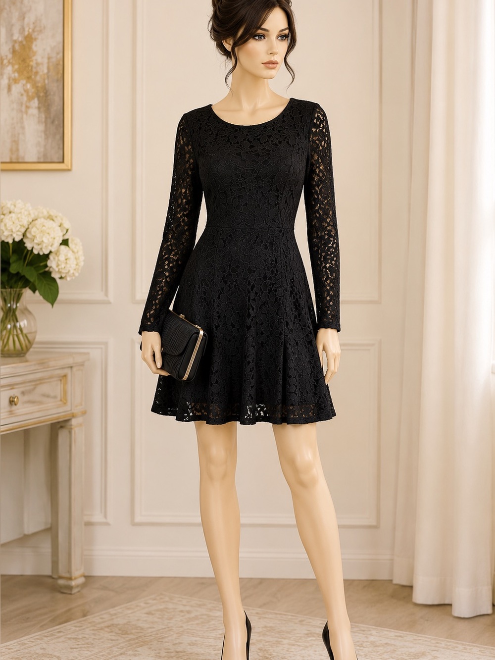 Covington Black Lace Long-Sleeve Fit & Flare Dress